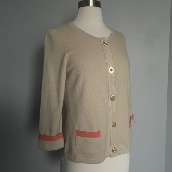 Coach Cashmere Leather Trim Buttoned Turnlock Tan Coral Career Cardigan‎ Sweater - Picture 11 of 12